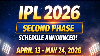 IPL 2026 Second Phase schedule poster showing April 13 to May 24 dates, Rajasthan Royals vs Sunrisers Hyderabad opening match, with IPL trophy, stadium lights, and players in action.