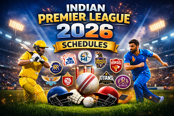 Indian Premier League 2026 schedules poster with cricket players and stadium background