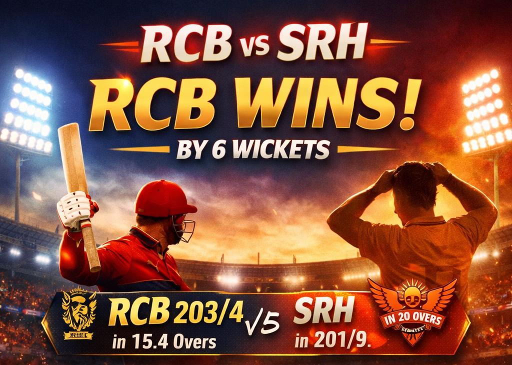 RCB vs SRH IPL 2026 match result poster showing RCB winning by 6 wickets with Virat Kohli 69 and Ishan Kishan 80 performance