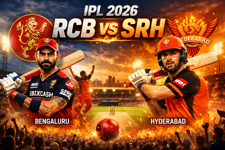 IPL 2026 RCB vs SRH match poster featuring Virat Kohli and Travis Head at Chinnaswamy Stadium Bengaluru