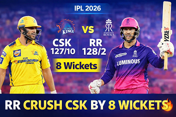 RR beat CSK by 8 wickets in IPL 2026 with score 128/2 chasing 127