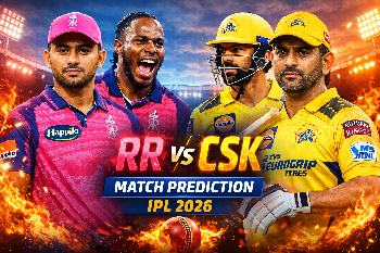 RR vs CSK IPL 2026 match prediction thumbnail with players and stadium