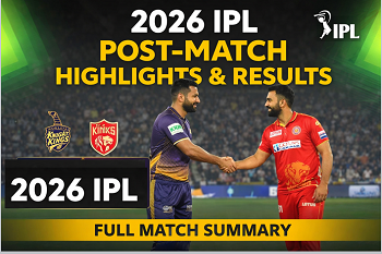 2026 IPL post-match highlights and results thumbnail showing KKR vs PBKS scoreboard with players handshake and match summary text