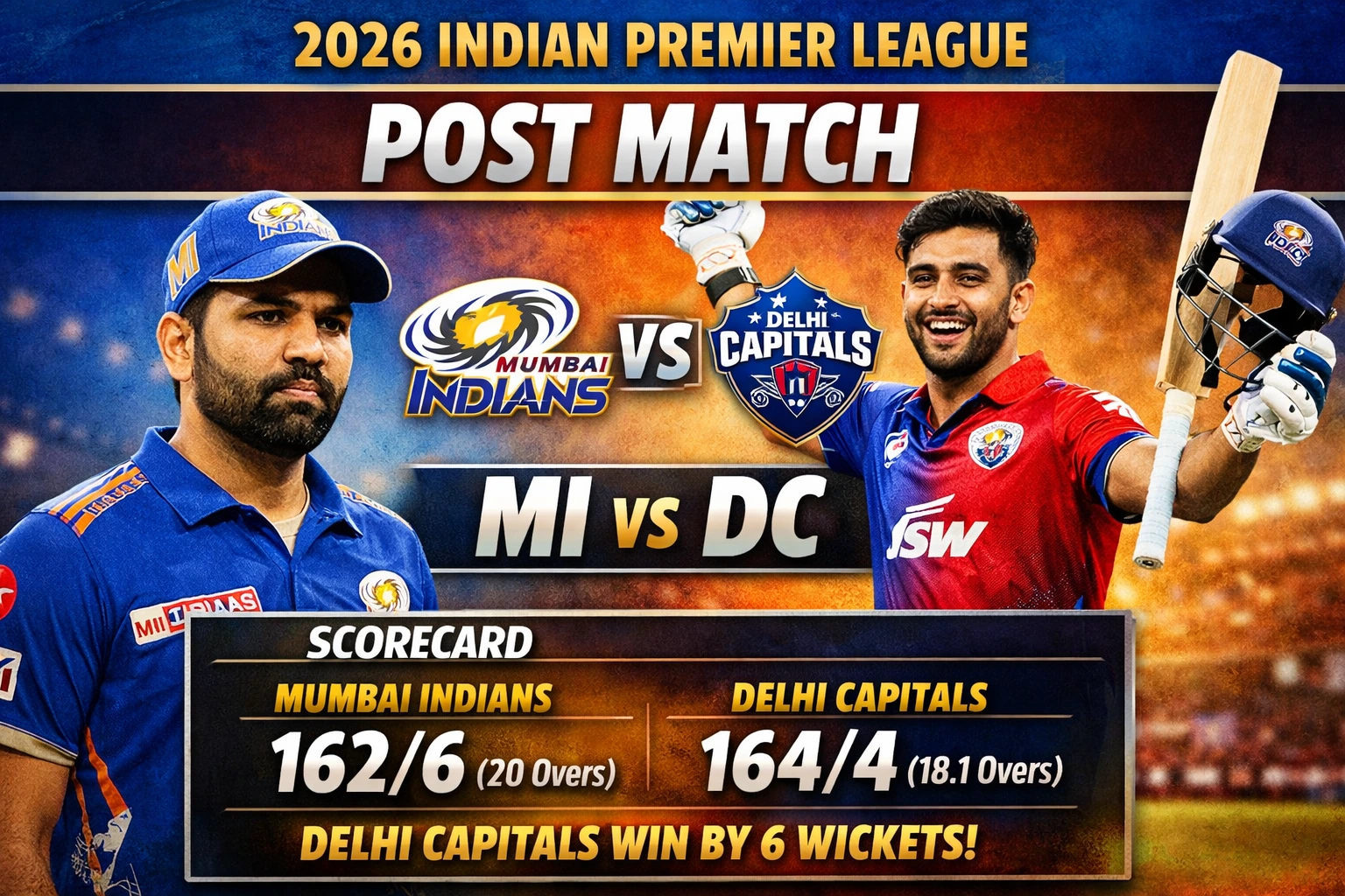 2026 Indian Premier League MI vs DC post match thumbnail showing Delhi Capitals win over Mumbai Indians with scorecard