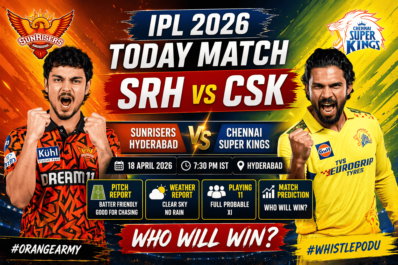 IPL 2026 today match SRH vs CSK thumbnail with players, match date April 18, 7:30 PM IST, Hyderabad venue, pitch report, weather and prediction highlights
