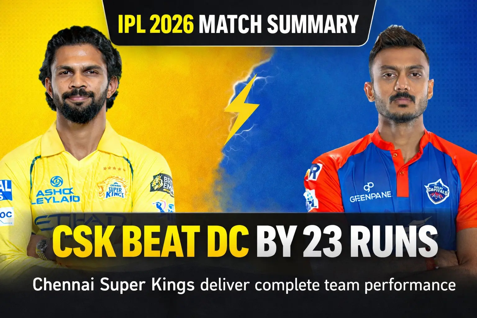 IPL 2026 match summary thumbnail showing Chennai Super Kings captain Ruturaj Gaikwad and Delhi Capitals captain Axar Patel with bold text saying CSK beat DC by 23 runs.