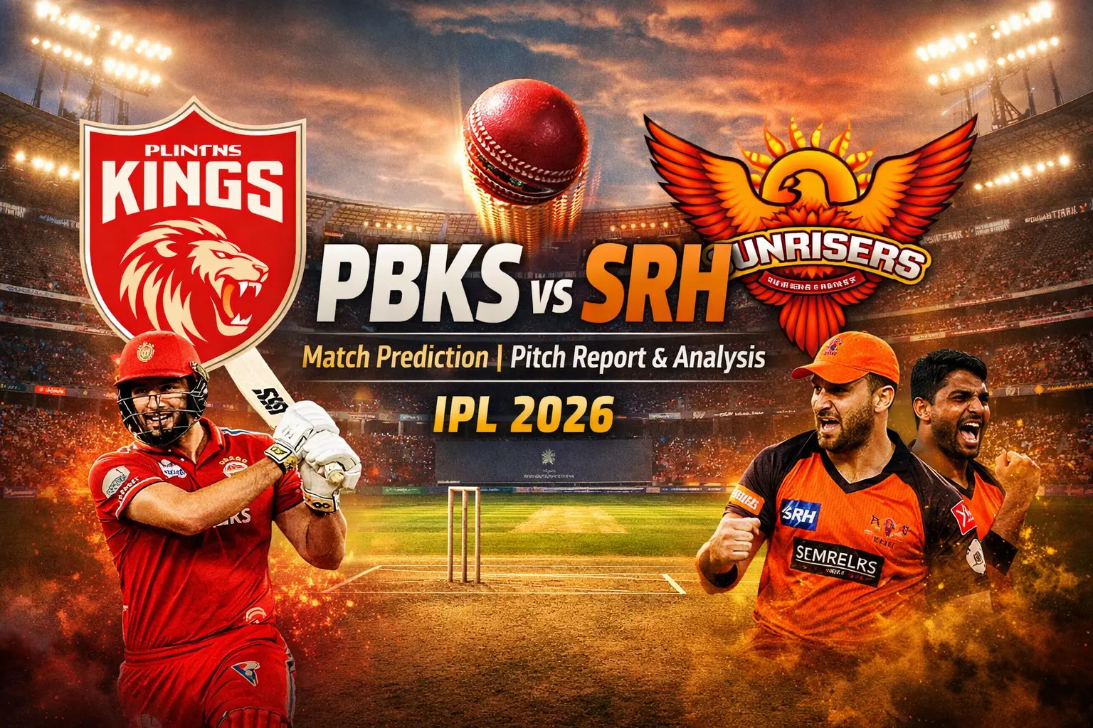 PBKS vs SRH IPL 2026 match prediction image with Punjab Kings and Sunrisers Hyderabad players and stadium background
