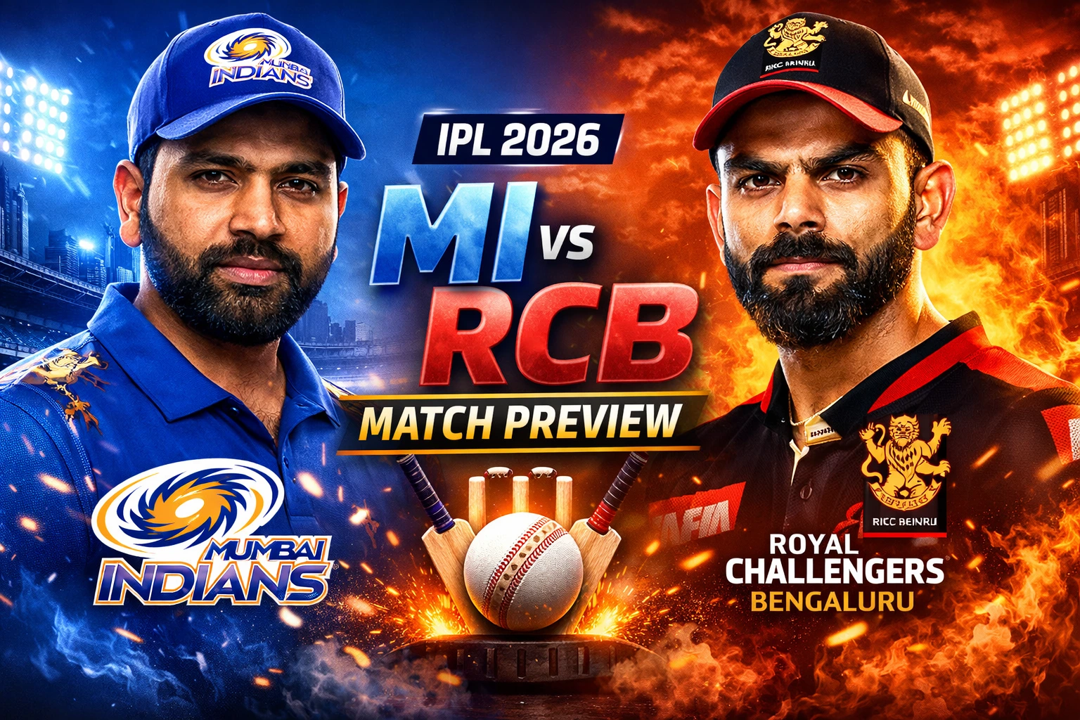 IPL 2026 MI vs RCB match preview thumbnail featuring Rohit Sharma and Virat Kohli with Wankhede Stadium background.
