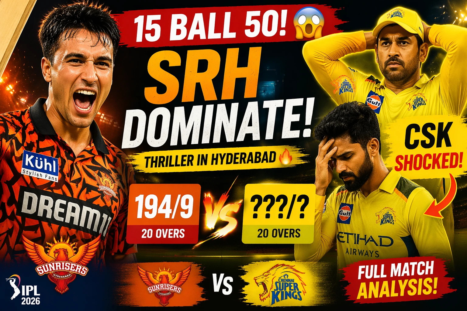 SRH vs CSK IPL 2026 thumbnail showing Abhishek Sharma celebrating and MS Dhoni looking shocked with text “15 Ball 50” and SRH dominate match in Hyderabad
