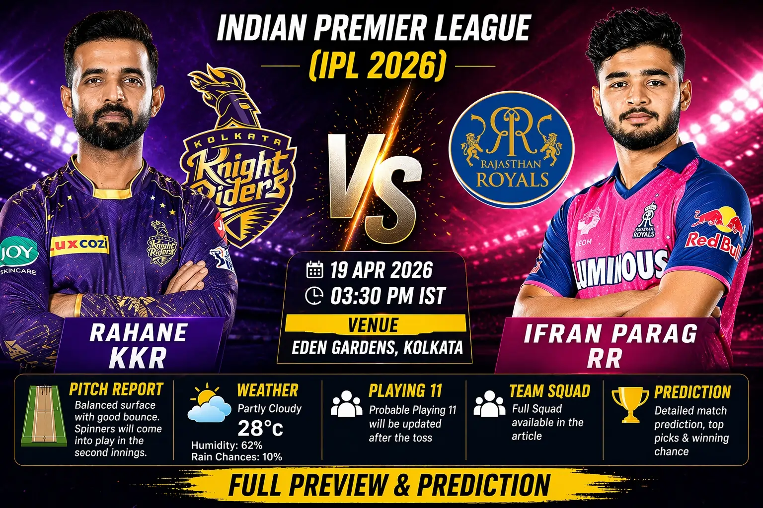 KKR vs RR IPL 2026 match thumbnail showing Ajinkya Rahane and Riyan Parag with team logos, date 19 April, time 03:30 PM IST at Eden Gardens Kolkata.