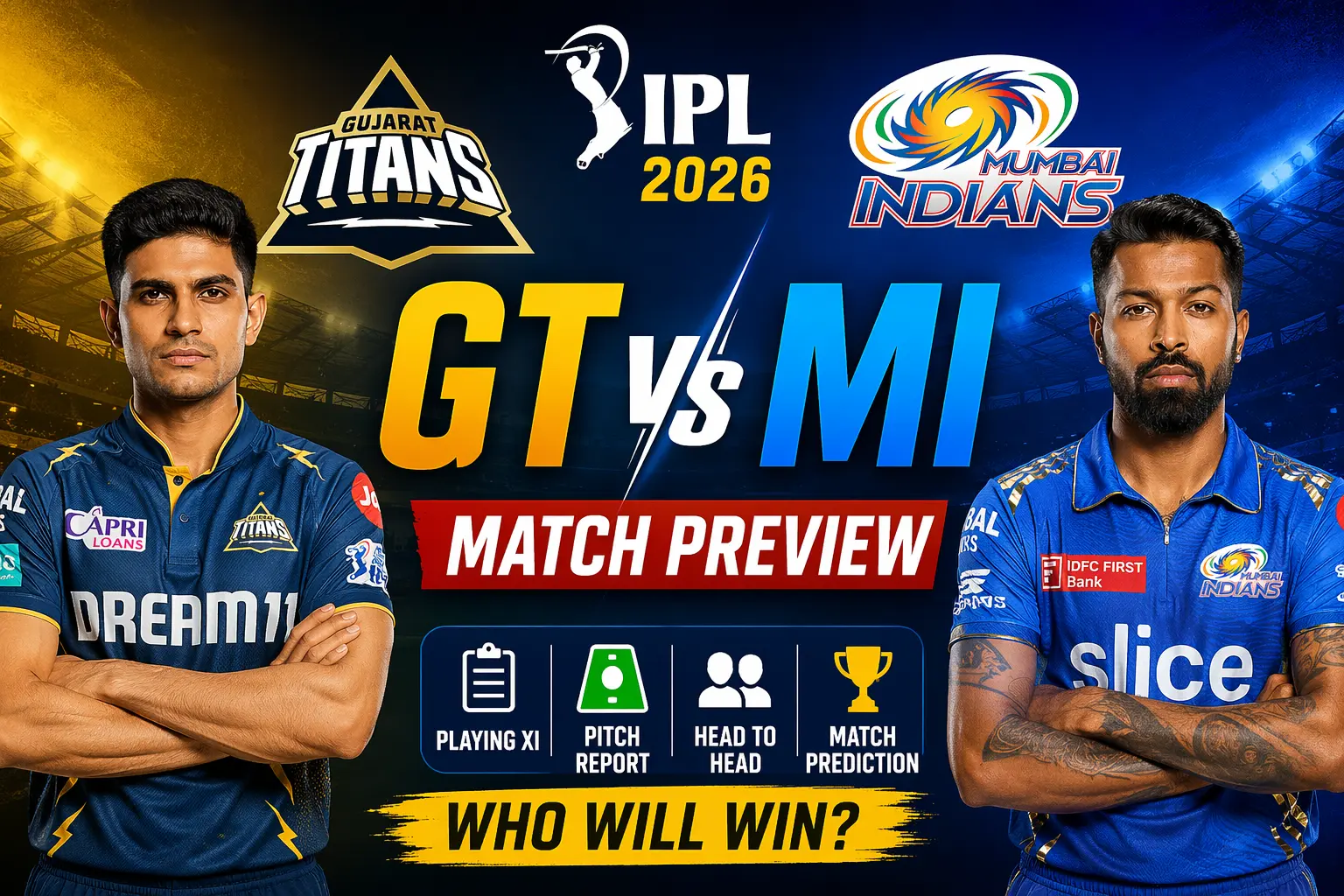 GT vs MI IPL 2026 match preview thumbnail featuring Shubman Gill and Hardik Pandya with team logos and prediction text