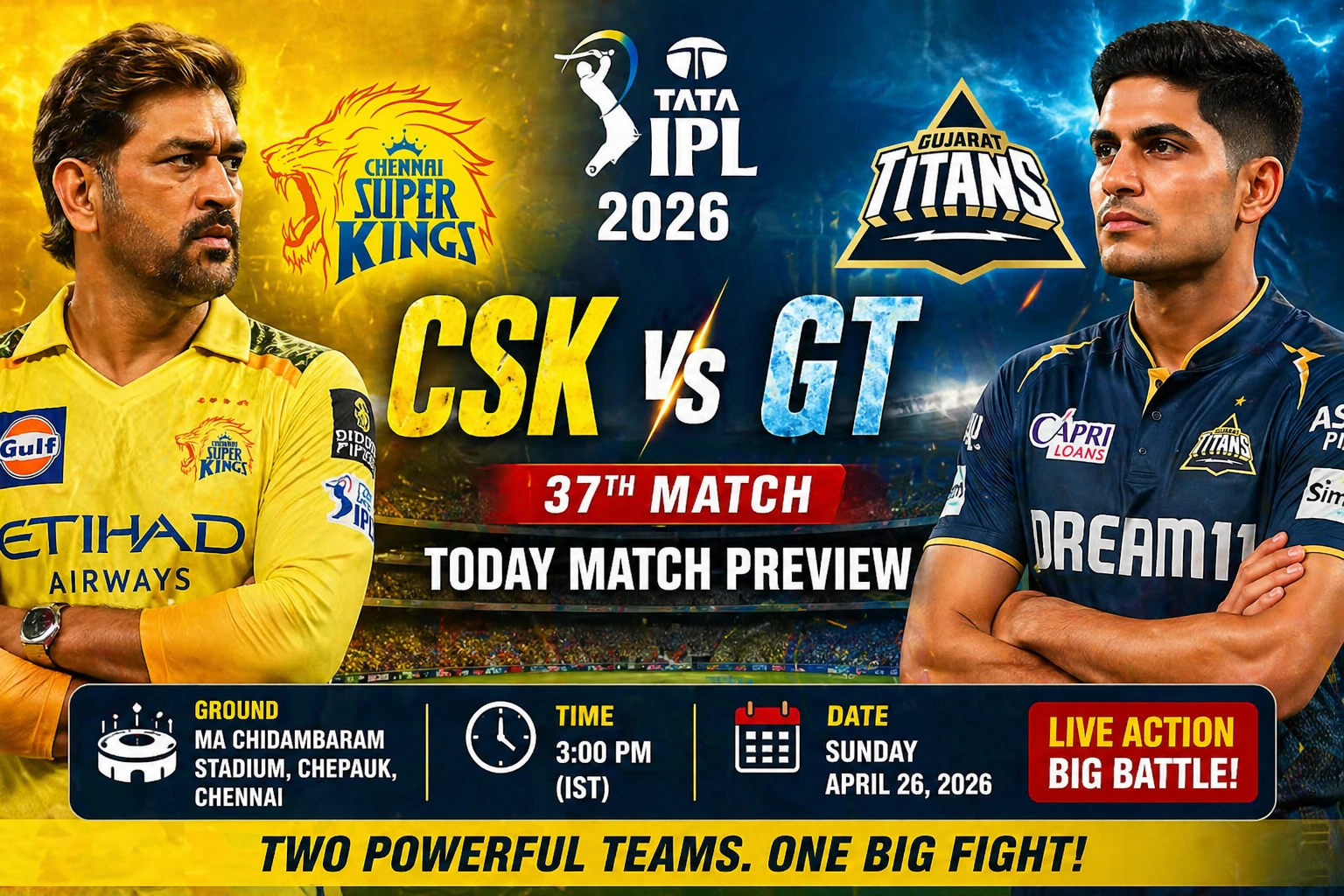 CSK vs GT Today IPL Match Preview 37th Match thumbnail featuring Chennai Super Kings and Gujarat Titans players with match details at Chepauk Stadium.