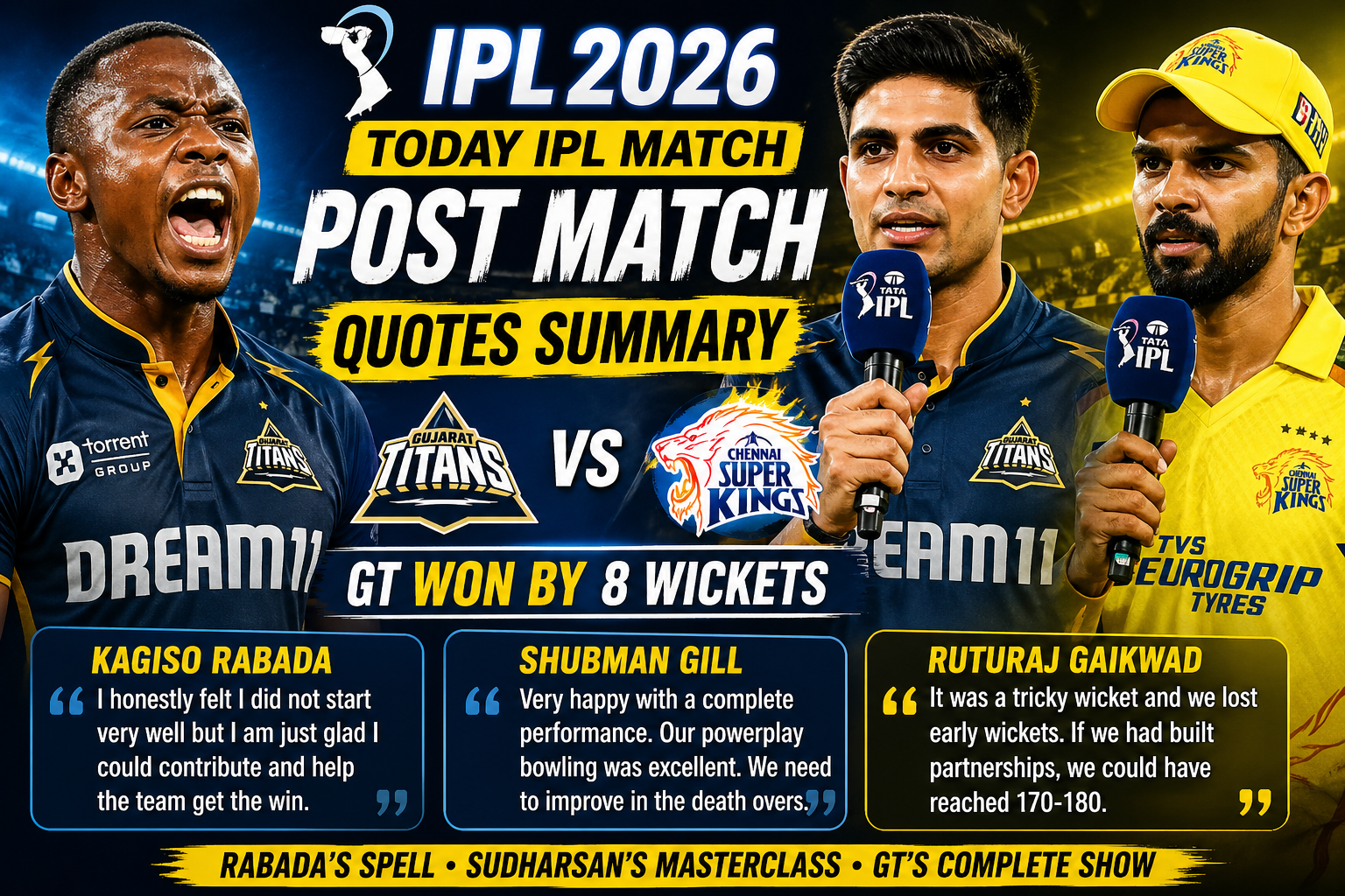 Gujarat Titans beat Chennai Super Kings by 8 wickets in IPL 2026 post match thumbnail featuring Kagiso Rabada, Shubman Gill and Ruturaj Gaikwad with quotes summary.