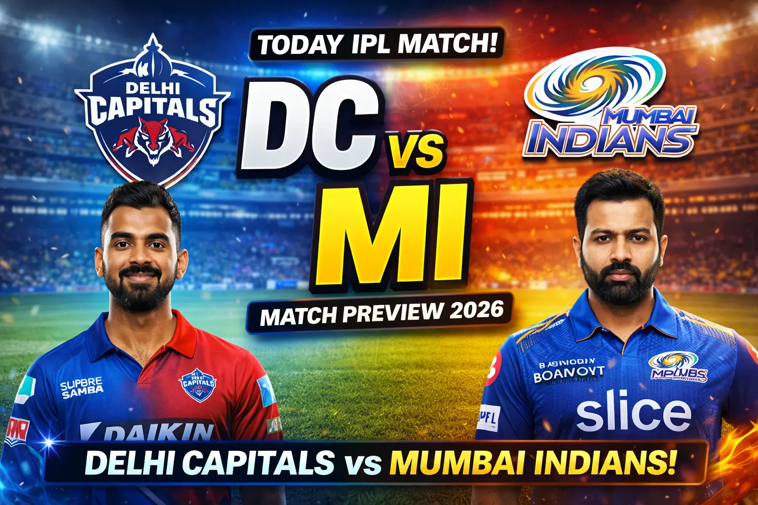 DC vs MI IPL 2026 match preview thumbnail showing Delhi Capitals vs Mumbai Indians today IPL match with players and team logos