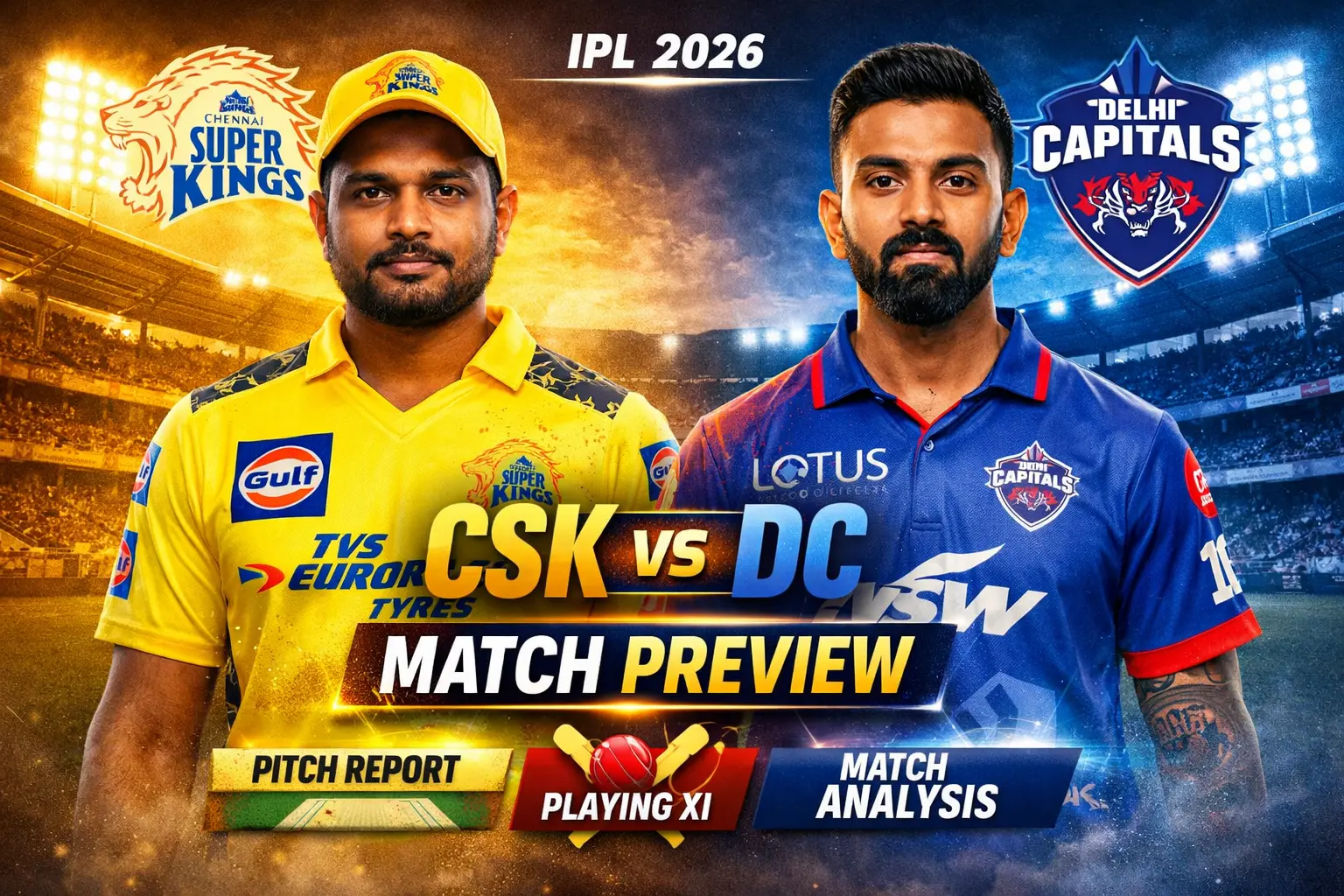 IPL 2026 match preview poster featuring Chennai Super Kings vs Delhi Capitals with Sanju Samson and KL Rahul, highlighting pitch report, playing XI, and match analysis.
