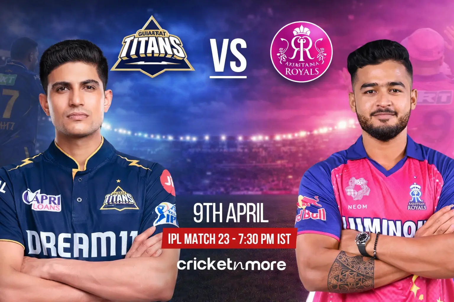 GT vs RR IPL 2026 thumbnail showing Gujarat Titans vs Rajasthan Royals match on 9th April with players and team logos