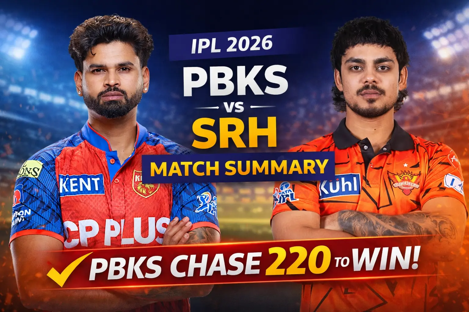 IPL 2026 PBKS vs SRH match summary thumbnail featuring Shreyas Iyer and Abhishek Sharma with bold text highlighting Punjab Kings’ successful chase of 220 runs.
