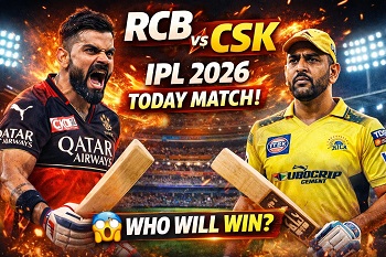 IPL 2026 today match RCB vs CSK thumbnail featuring Virat Kohli and MS Dhoni with match prediction and who will win text