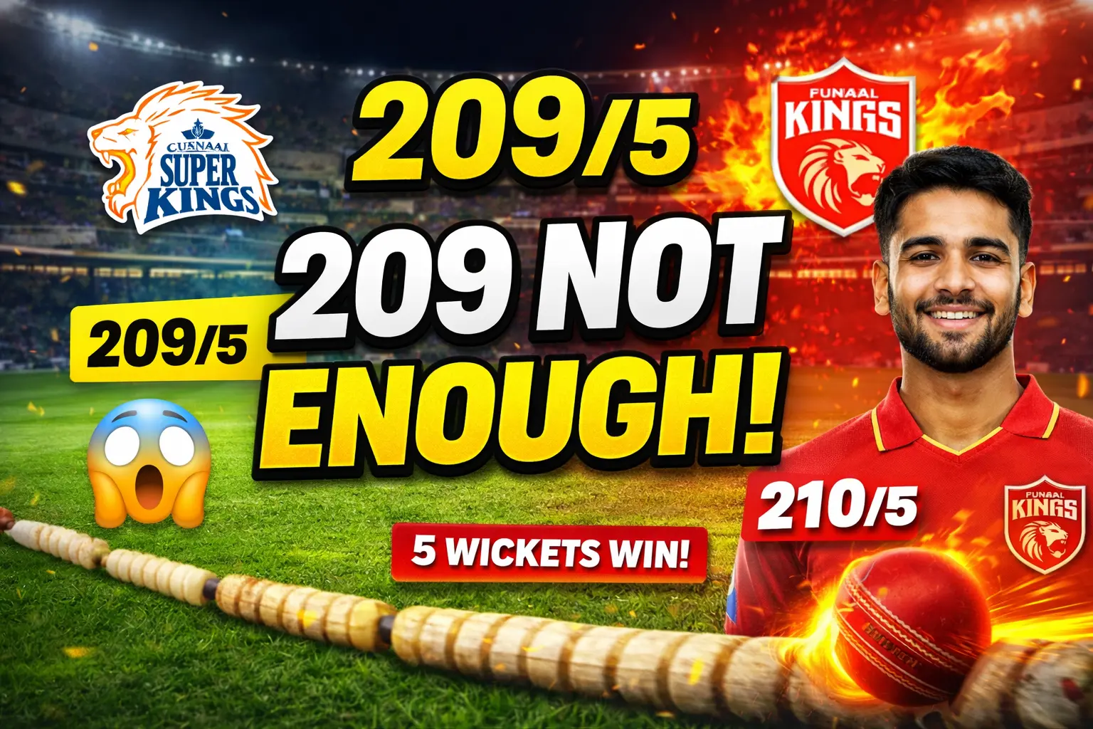CSK vs PBKS IPL 2026 thumbnail showing 209 not enough as Punjab Kings chase 210 and win by 5 wickets