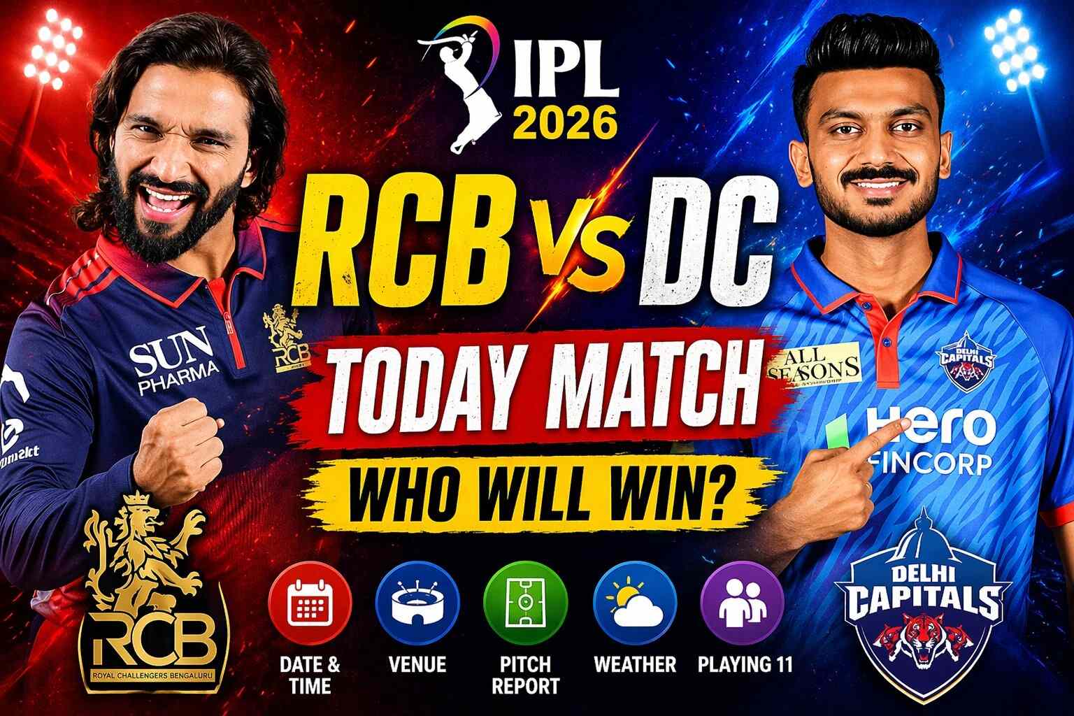 RCB vs DC IPL 2026 match thumbnail showing two players with bold text “Today Match Who Will Win” in a red and blue background