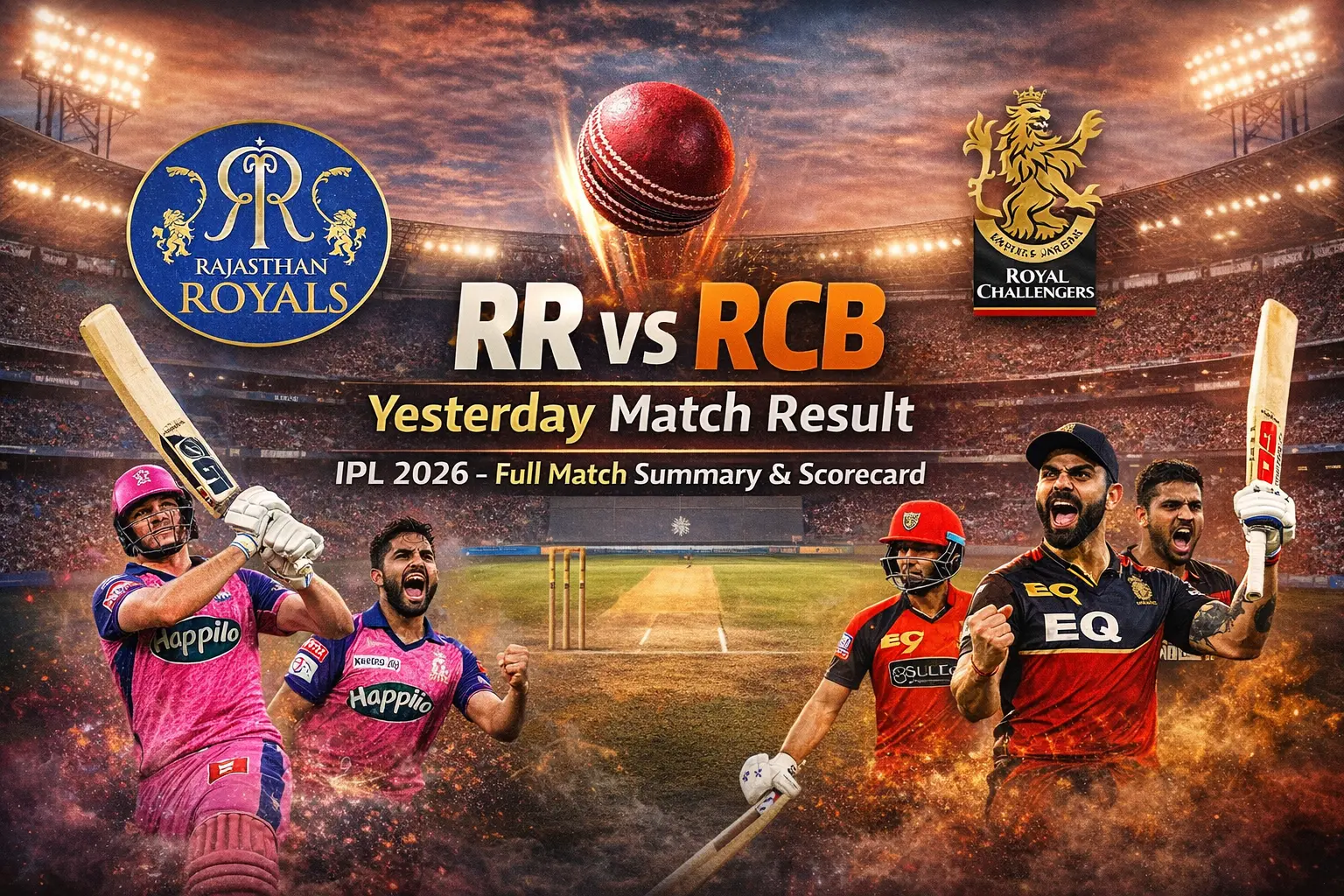 RR vs RCB yesterday match result IPL 2026 scoreboard with Rajasthan Royals chase and Royal Challengers Bengaluru batting highlights