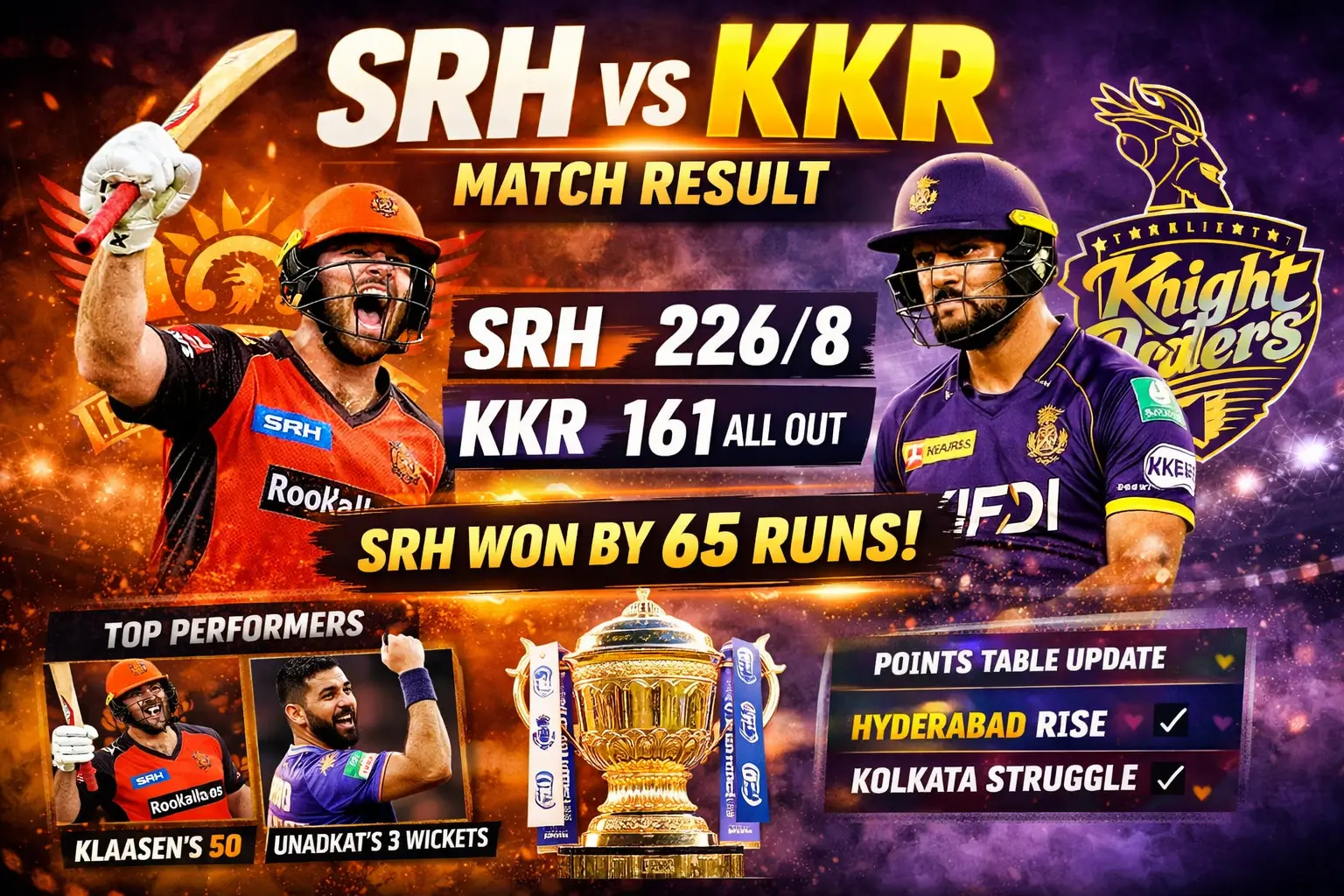 SRH vs KKR IPL match result thumbnail showing Sunrisers Hyderabad winning by 65 runs with score 226/8 vs 161 all out