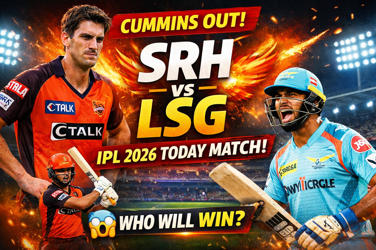 IPL 2026 today match SRH vs LSG thumbnail with Pat Cummins out, Sunrisers Hyderabad vs Lucknow Super Giants match prediction
