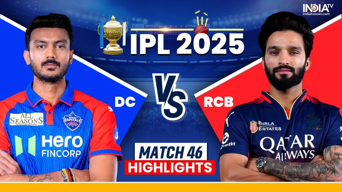 DC vs RCB IPL 2025 match highlights thumbnail featuring KL Rahul and RCB player with team logos and trophy