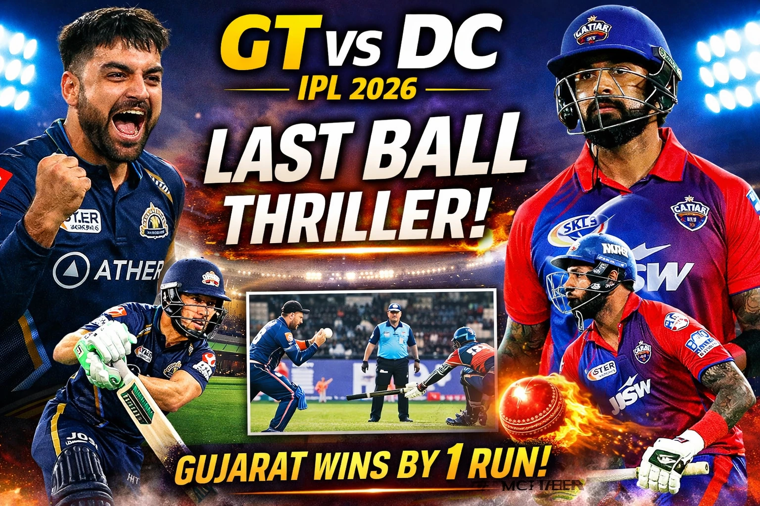 GT vs DC IPL 2026 last ball thriller thumbnail showing Gujarat Titans winning by 1 run with players celebrating and Delhi Capitals disappointed