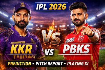 KKR vs PBKS IPL 2026 match thumbnail featuring Ajinkya Rahane and Shreyas Iyer with stadium background