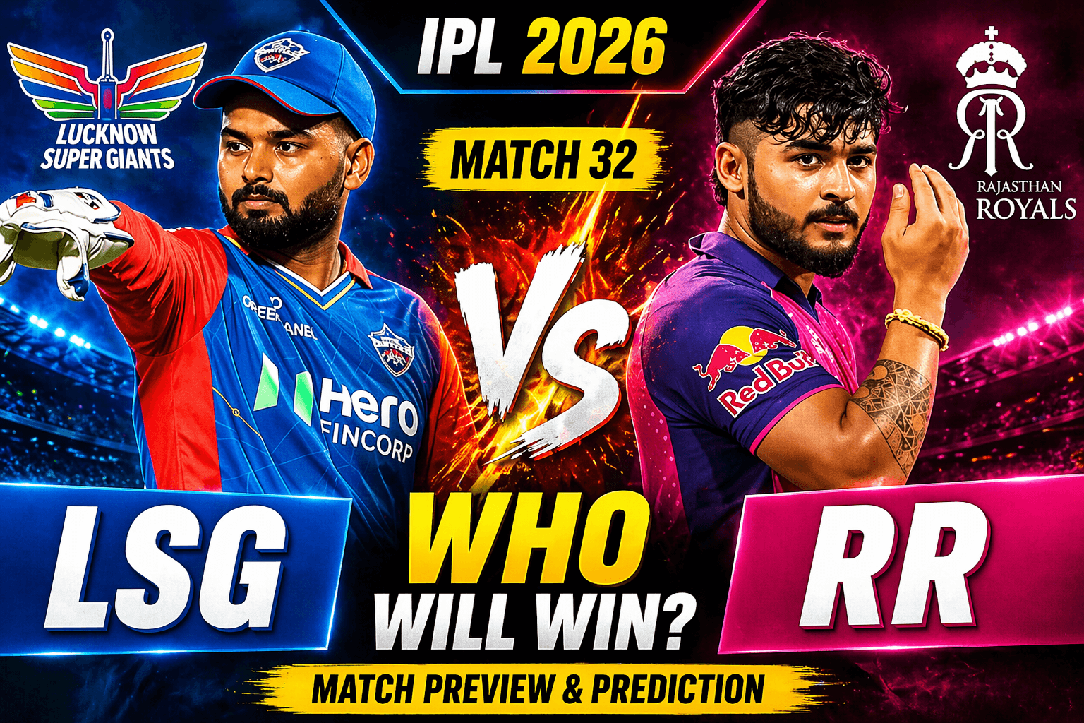 LSG vs RR IPL 2026 Match 32 prediction thumbnail with player faceoff