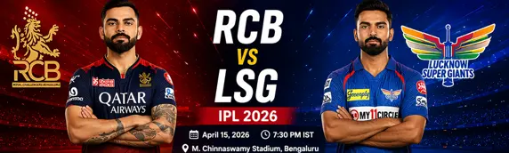 RCB vs LSG IPL 2026 match preview infographic showing match time, venue, pitch report, weather report, probable playing 11, key players, and match prediction.