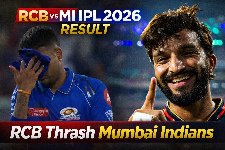 RCB vs MI IPL 2026 result thumbnail showing a disappointed Mumbai Indians player and a smiling RCB player after Royal Challengers Bengaluru’s big win.
