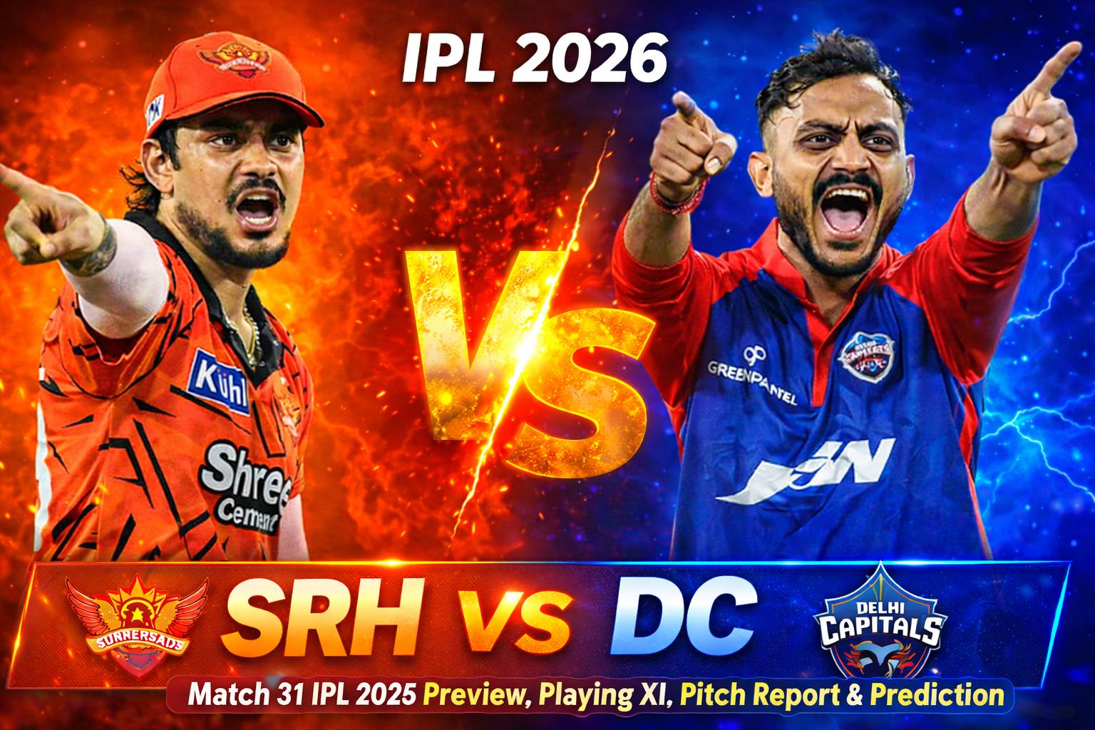 SRH vs DC IPL 2026 match thumbnail showing Sunrisers Hyderabad vs Delhi Capitals players with preview, playing XI, pitch report and prediction